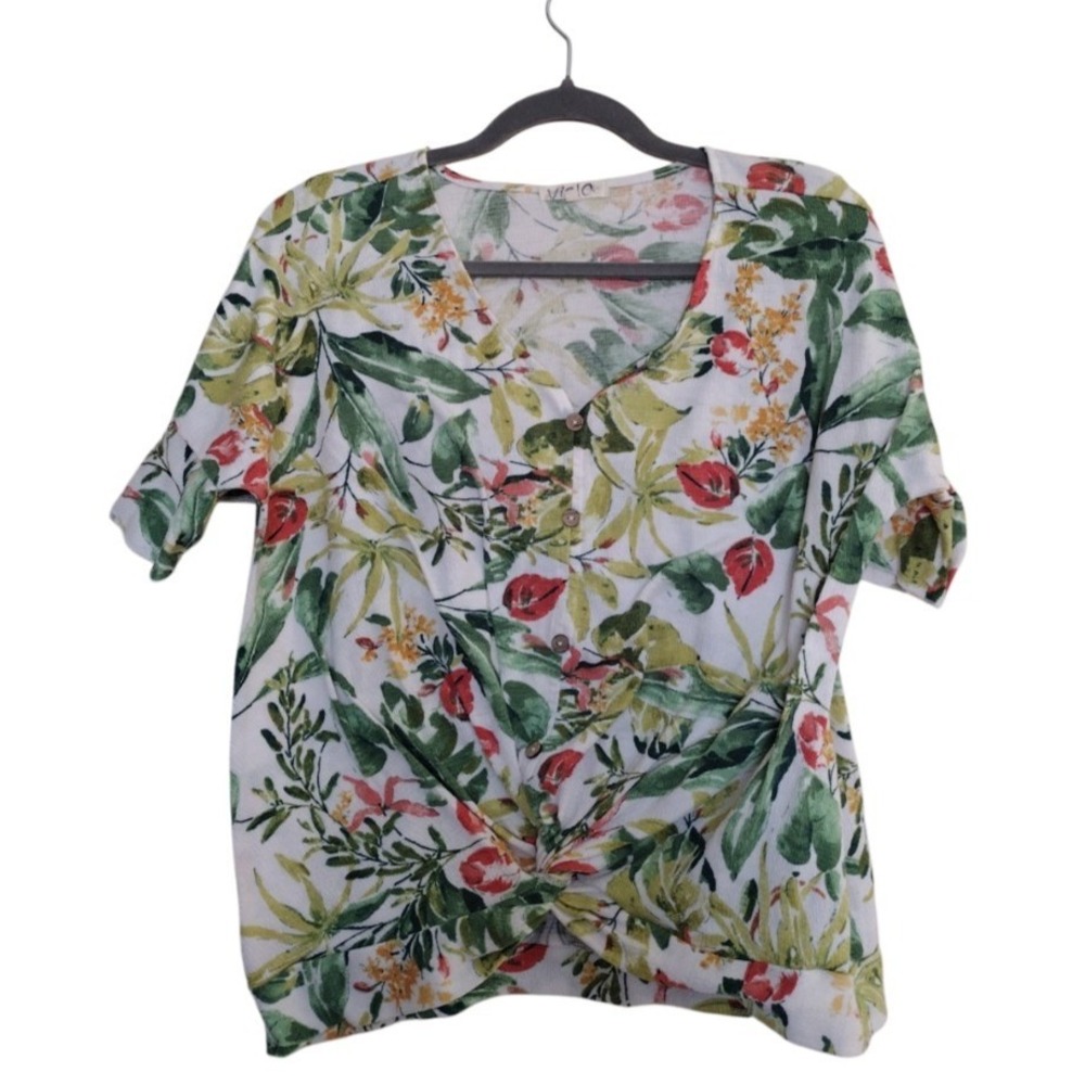 Unbranded‎ Blouse Women Large Multicolor Floral Front Twist Short Sleeves